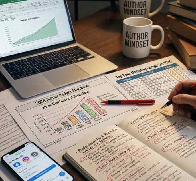 Book marketing strategy planned by a self-published author using charts and notes, representing the top book marketing companies in 2026