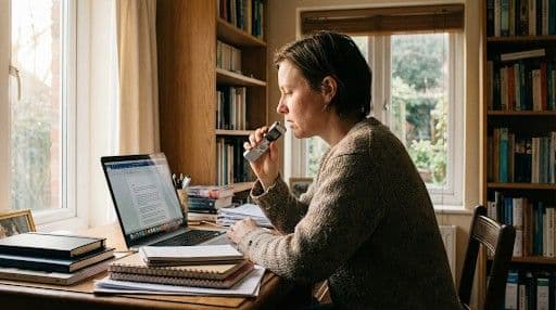 Author speaking into a microphone or phone for voice dictation instead of typing a manuscript.