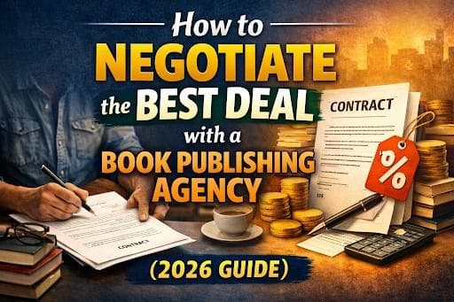 Author reviewing a publishing contract, representing how they need to figure out the best deal with a book publishing agency.