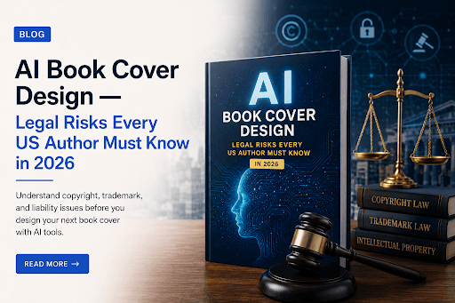 Author reviewing an AI-generated book cover design on a laptop screen with copyright documents and legal notes placed beside it on a desk.