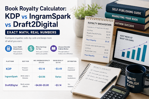 Royalty calculator comparison chart showing exact earnings math for KDP, IngramSpark, and Draft2Digital book publishing platforms.