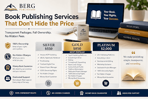 Book publishing services that don't hide the price: Silver, Gold, and Platinum packages from Berg Publishers