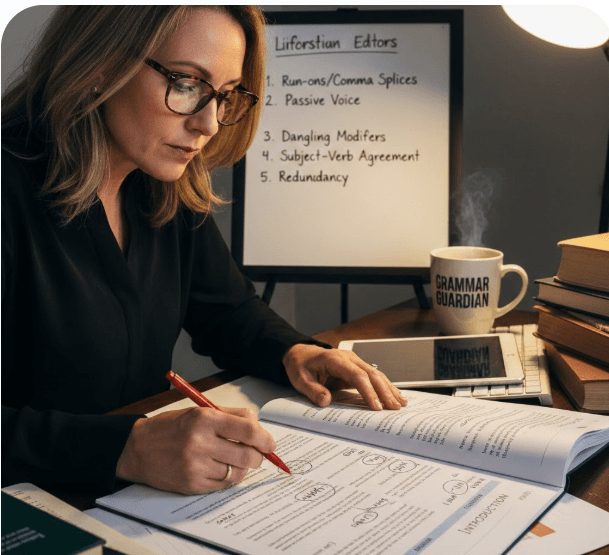 Professional editor reviewing a structured manuscript to prevent common writing mistakes
