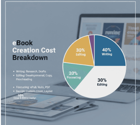 eBook writing cost breakdown showing writing, editing, formatting, and design components