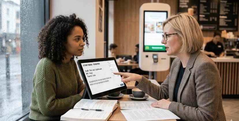 Author discussing story ideas with a professional fiction ghostwriter during novel writing collaboration.