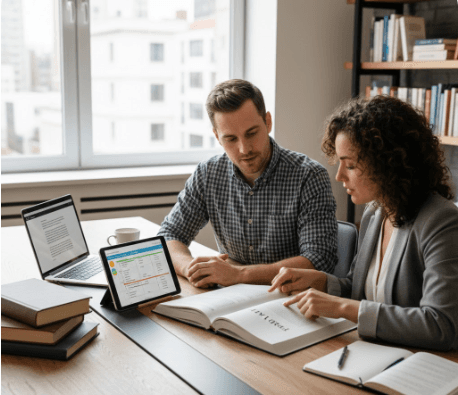 An author is in discussion with a professional publishing consultant to review the final draft of the book plan.