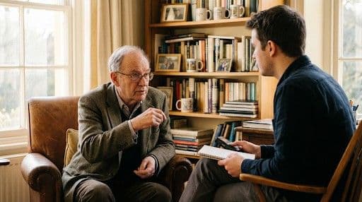 Author in conversation at an interview or book event, discussing craft and the story behind their book.