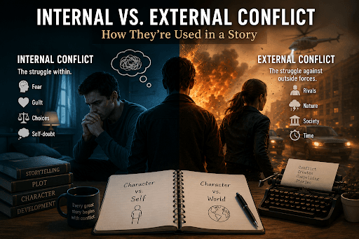 Internal vs external conflict in storytelling — how professional book publishing services help authors build stronger narratives.