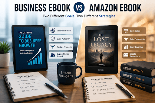 Business ebook and Amazon retail ebook compared side by side for different publishing goals and strategies