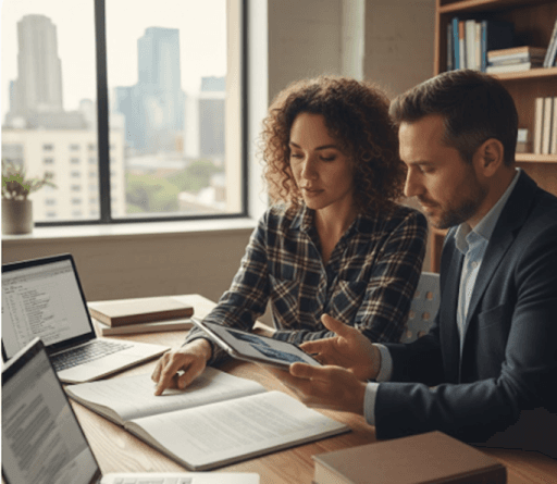 An author reviewing a book manuscript with a publishing consultant